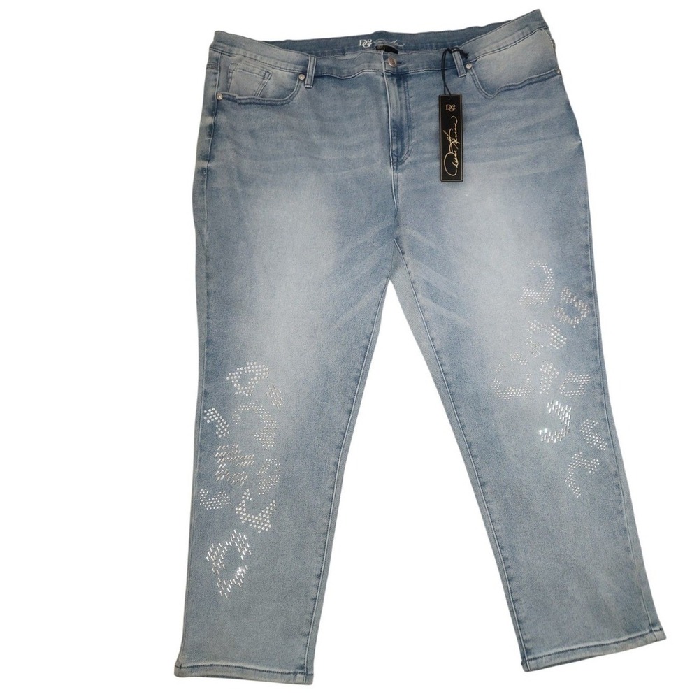 DG2 NEW Diane Gilman Rhinestone Leopard Print Cropped Jeans Blue 24PW Glam sexy